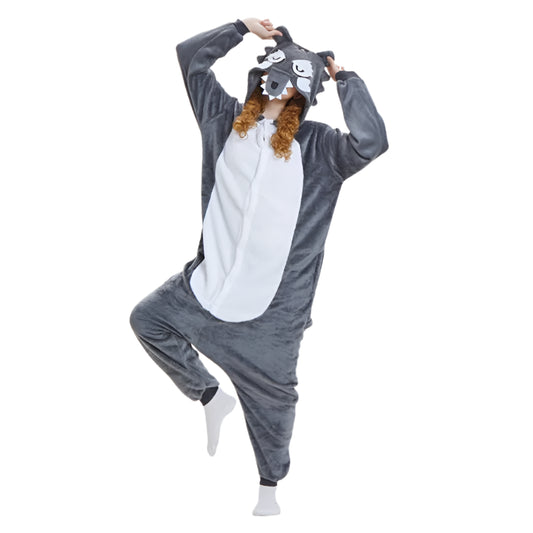 Person wearing a gray and white wolf onesie on a white background