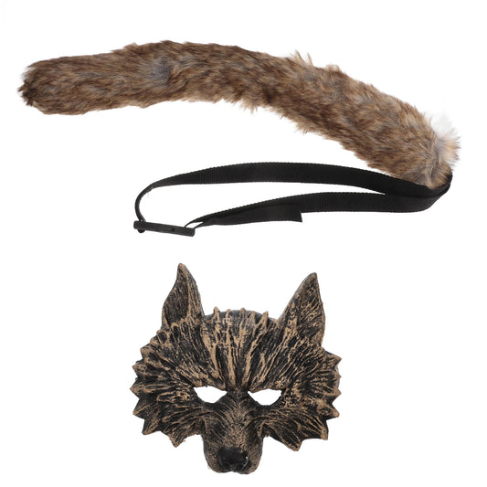 Wolf mask and fur tail on a white background