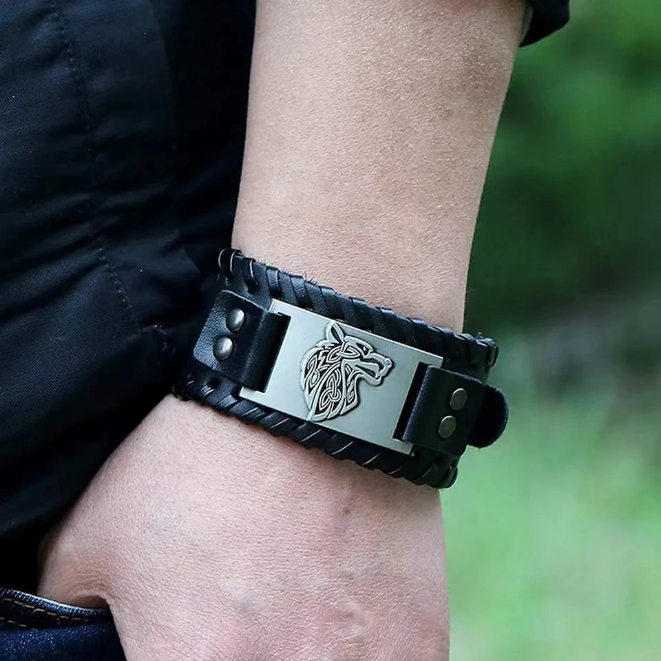 Vargbound Leather Cuff – Viking Wolf Bracelet with Metal Detail