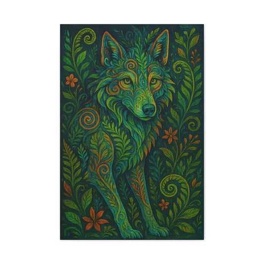 Colorful wolf design with floral patterns on a dark background