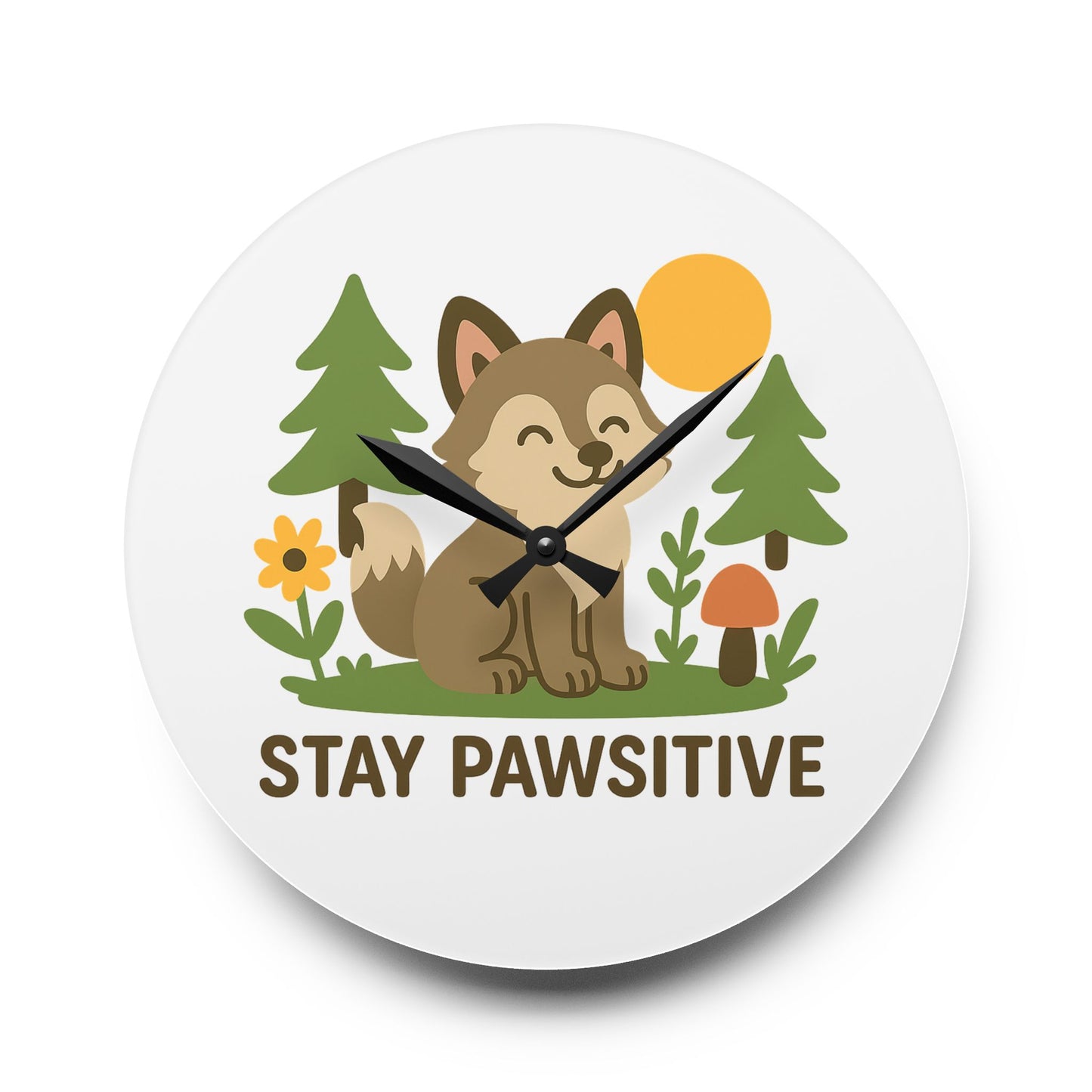 Round wall clock featuring a cute smiling wolf with the phrase “Stay Pawsitive,” shown in a bright, cheerful design with rounded or square frame.