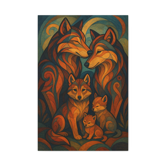 Artistic depiction of a wolf family with two adults and two cubs, surrounded by abstract patterns.