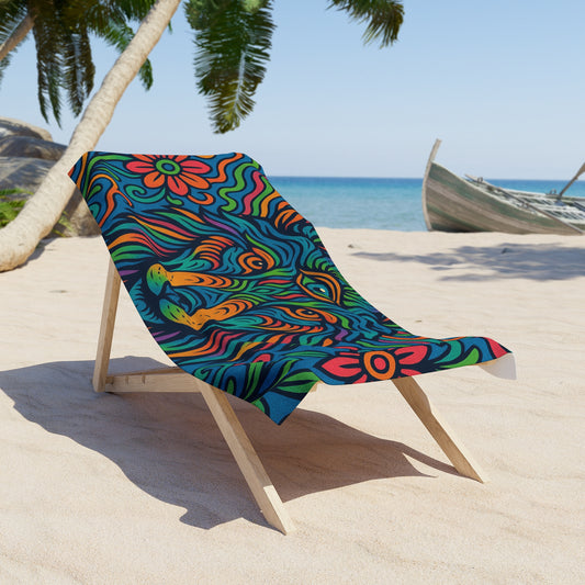 Colorful wolf towel on a beach chair with palm trees and ocean in the background