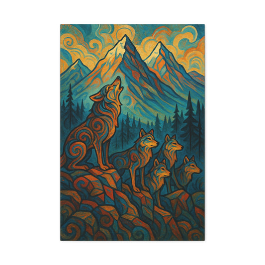 Artistic depiction of wolves in a mountainous landscape with vibrant colors.