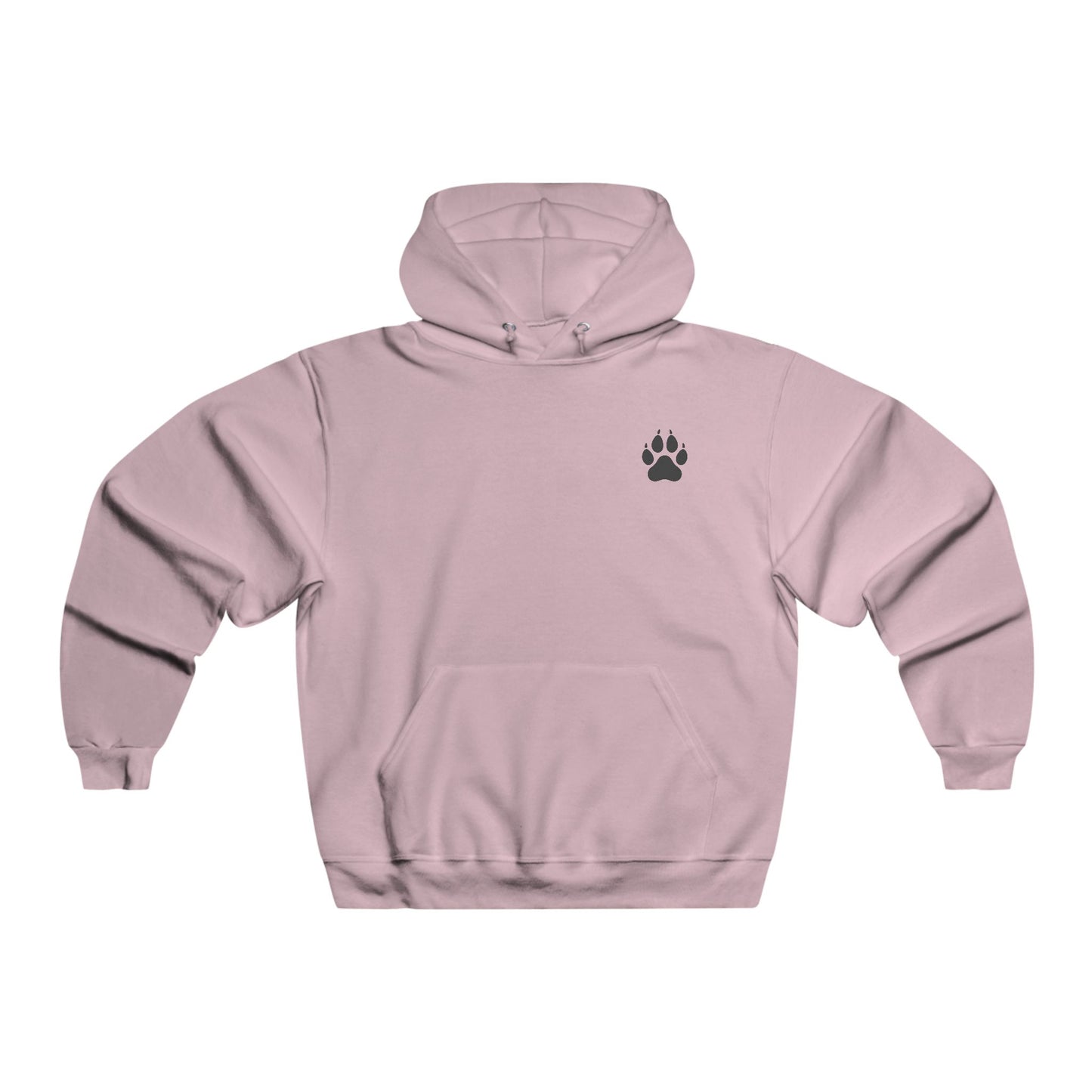 Pink hoodie front sidwith a black paw print on a white background