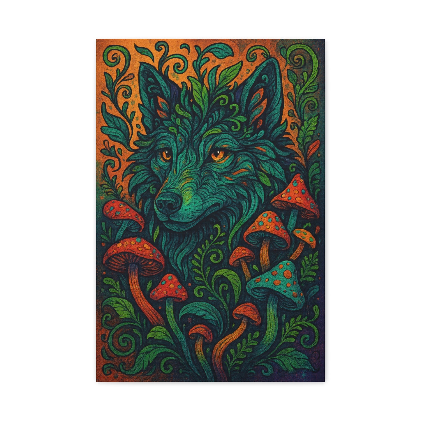 Canvas wall art featuring a mystical wolf surrounded by mushrooms and forest textures, printed in vivid detail on stretched wood frame.