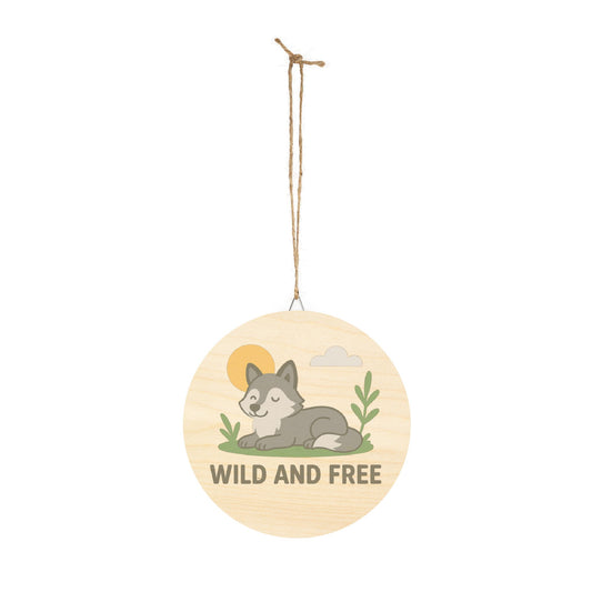 Round wooden hanging sign with a wolf illustration and 'Wild and Free' text on a white background.