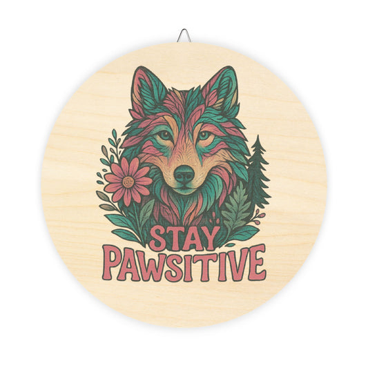 Decorative wall art with a wolf design and 'Stay Pawsitive' text on a wooden board.