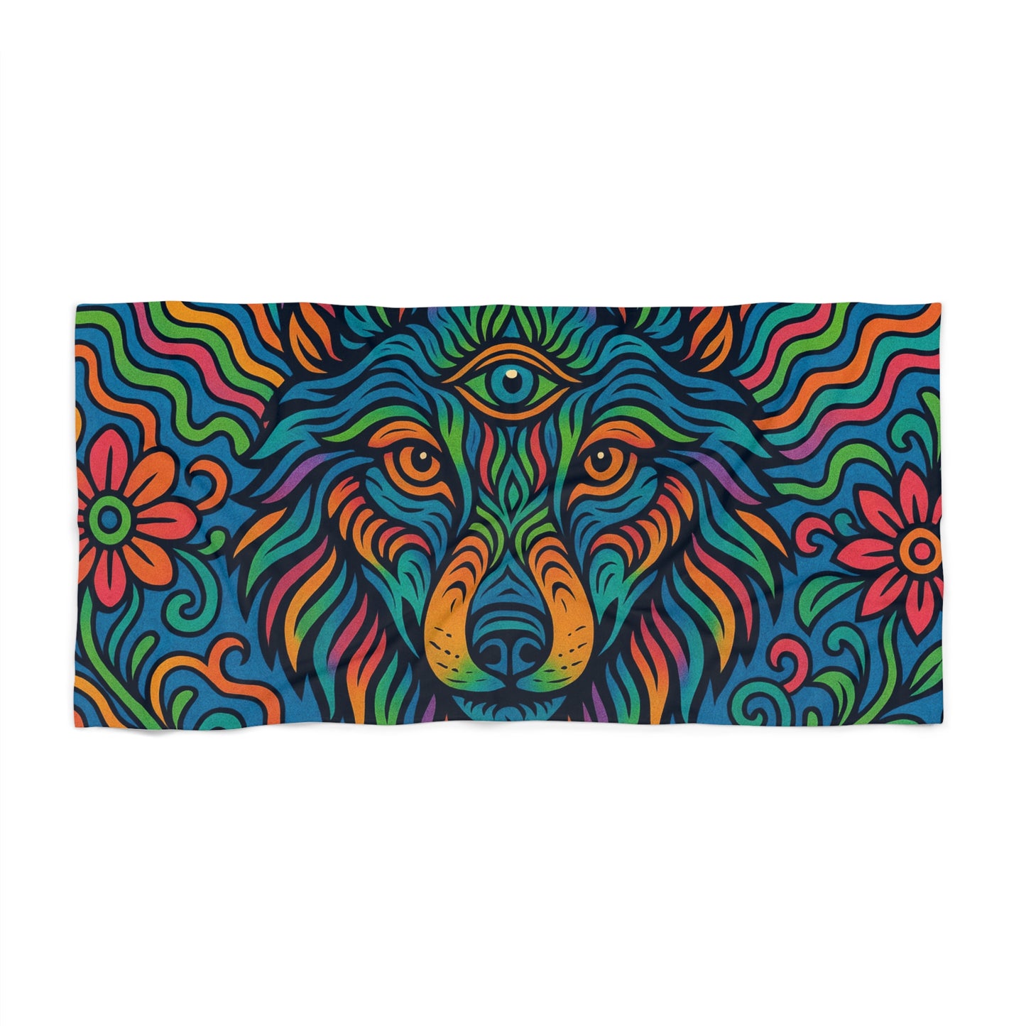 Colorful psychedelic towel with a wolf design with a third eye and floral patterns on a white background