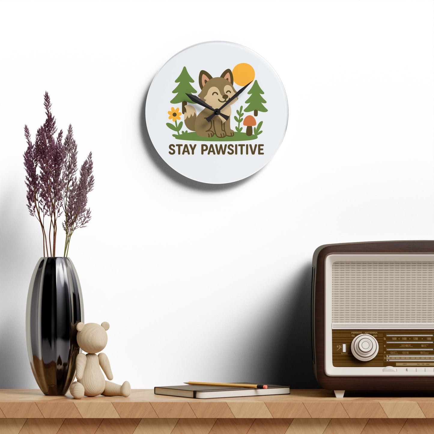 Stay Pawsitive Wolf | Acrylic Wall Clock