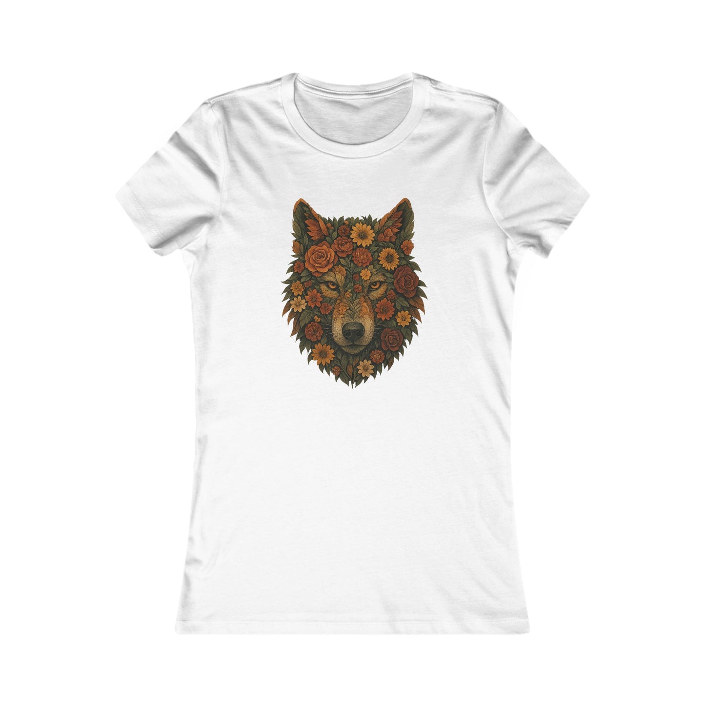 White t-shirt with a floral wolf design on a white background