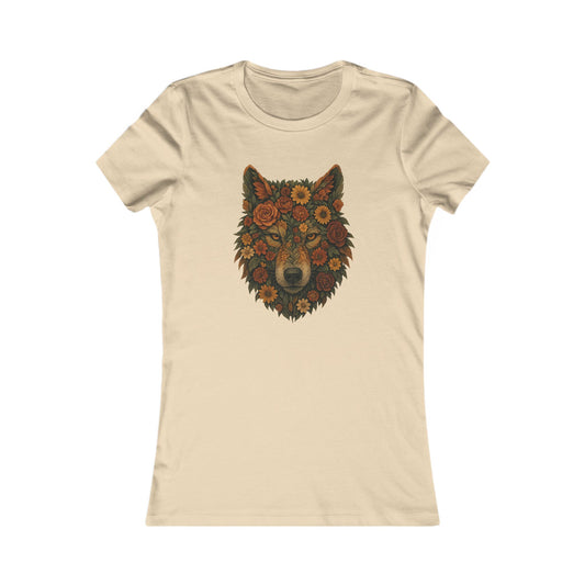 Beige t-shirt with a wolf head design featuring flowers on a white background