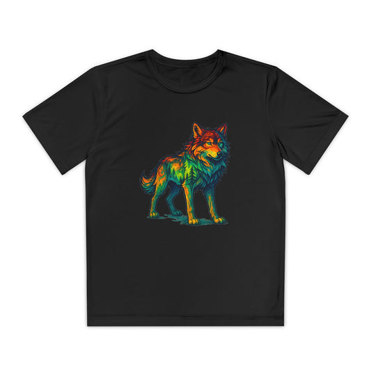 Black Youth performance t-shirt with “Rainbow Wild Wolf” colorful design, laid flat to highlight lightweight, breathable fabric and athletic fit for active play.