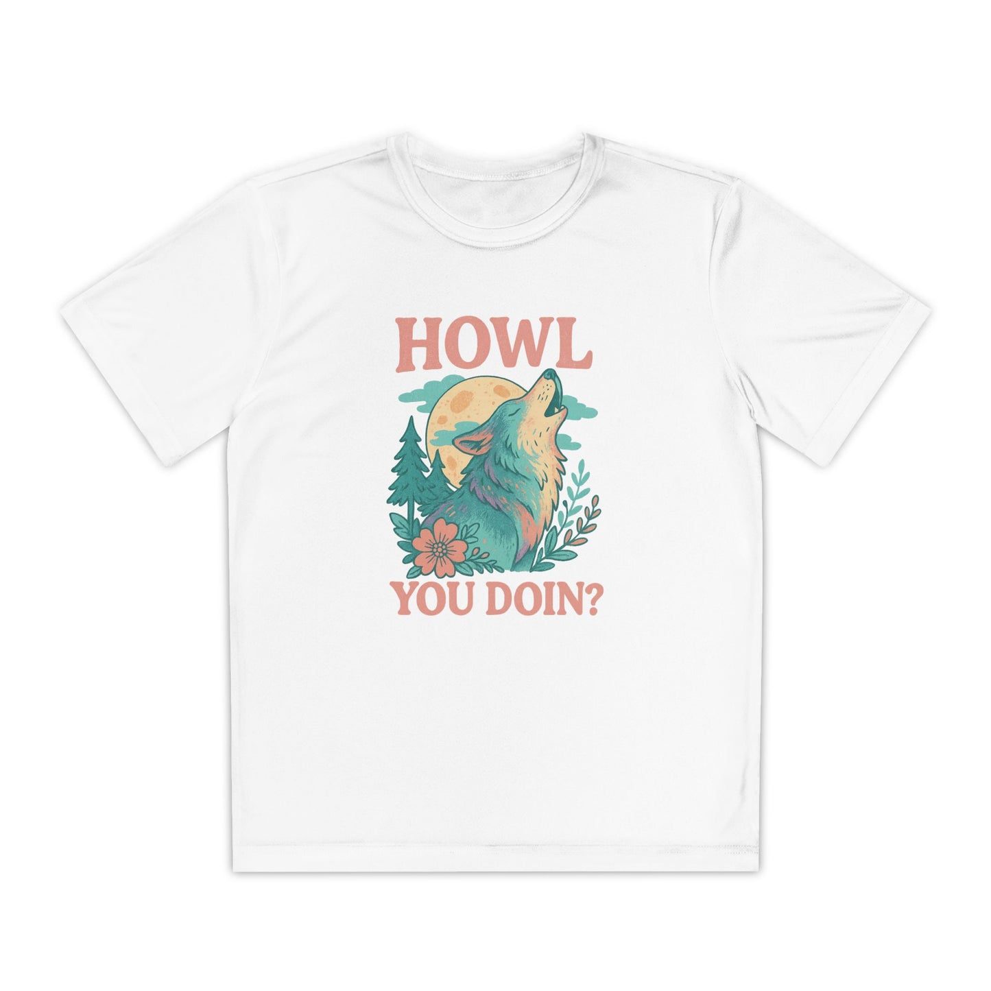White youth t-shirt with a graphic of a wolf and text 'HOWL YOU DOIN?' on a white background