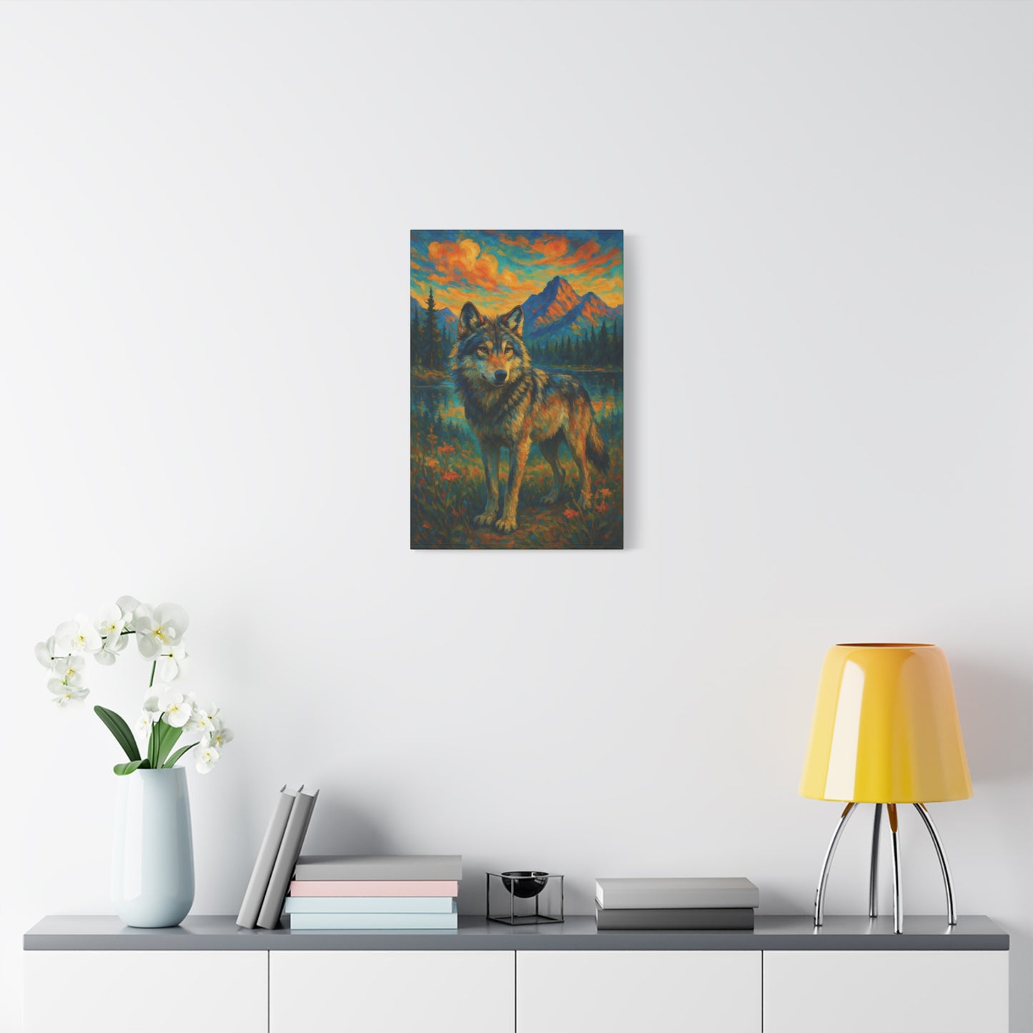 Canvas wall art featuring a luminous wolf with golden tones and mountain dusk backdrop, printed in vivid detail on stretched wood frame.