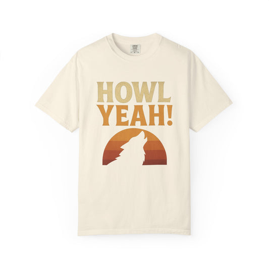 T-shirt with howling wolf silhouette in sunset colors, bold graphic centered on chest