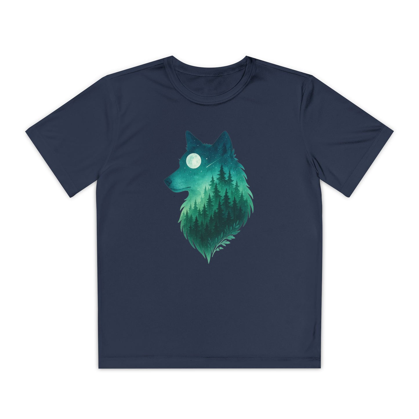 Navy blue t-shirt with a green wolf design on a white background