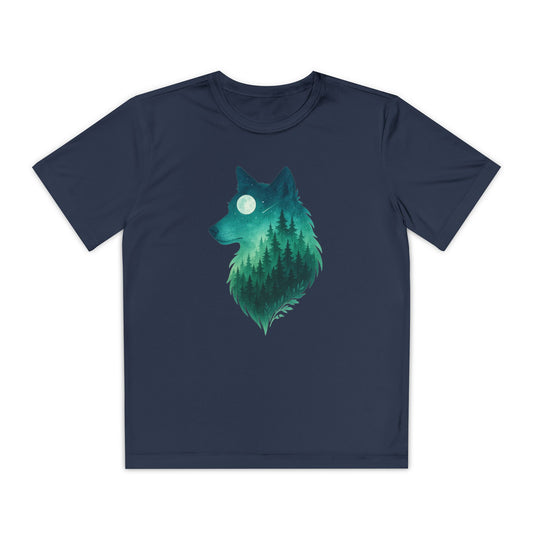 Navy blue t-shirt with a green wolf design on a white background