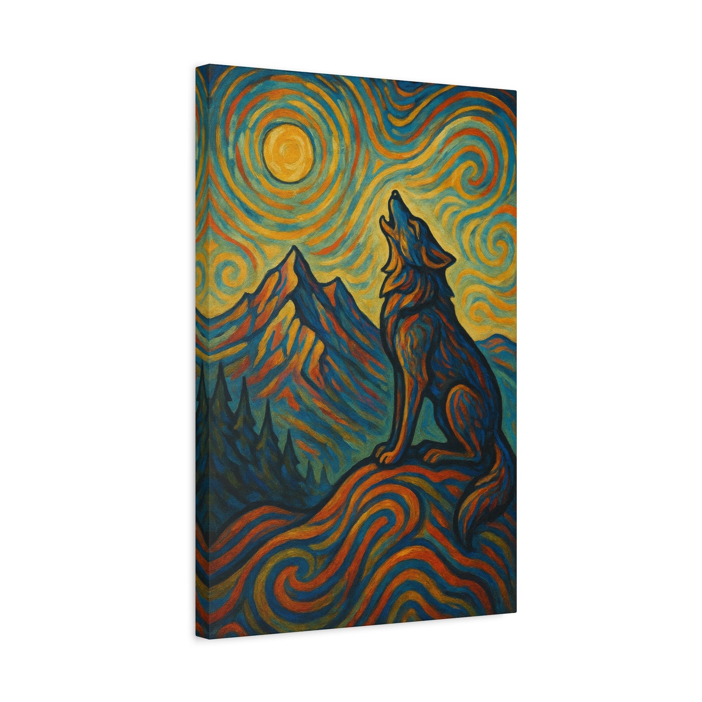 Canvas wall art with a sunrise-lit wolf howling in golden tones, symbolizing hope and strength, printed in vivid detail on stretched wood frame.