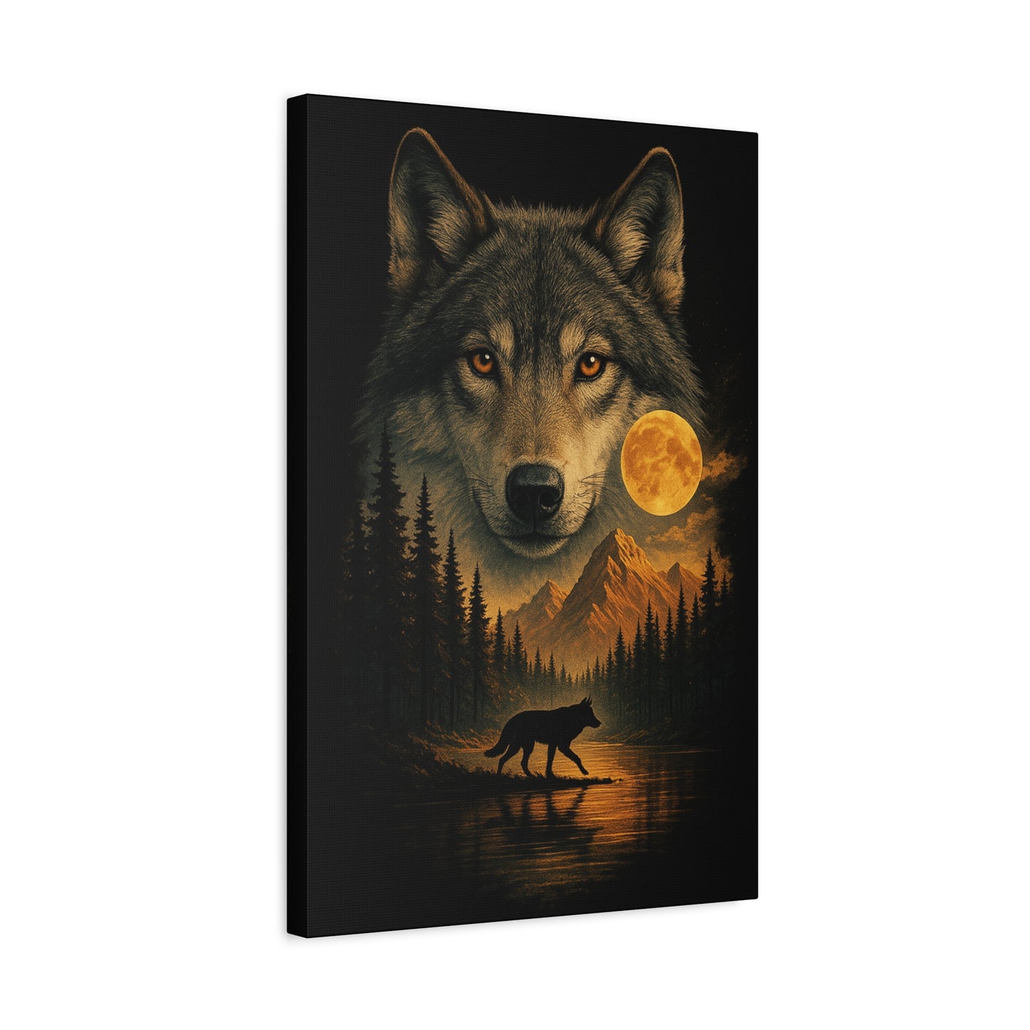 Canvas print of a wolf and another wolf in a forest with a moonlit sky.