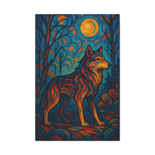Colorful artwork of a wolf in a forest with a stylized moon and trees.