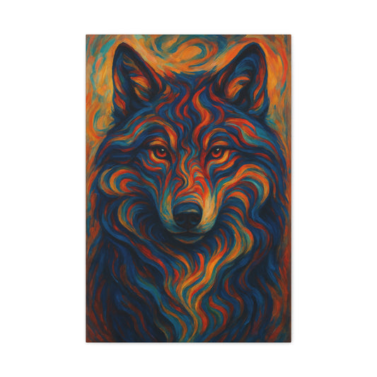 Colorful abstract painting of a wolf's face on a white background