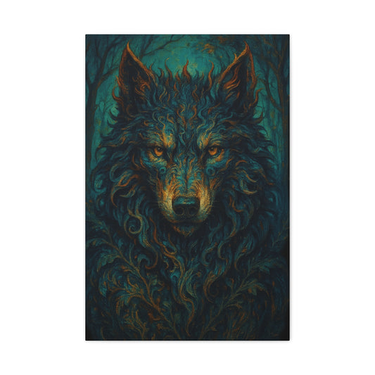 Artistic depiction of a wolf with a stylized, almost tribal design on a dark background