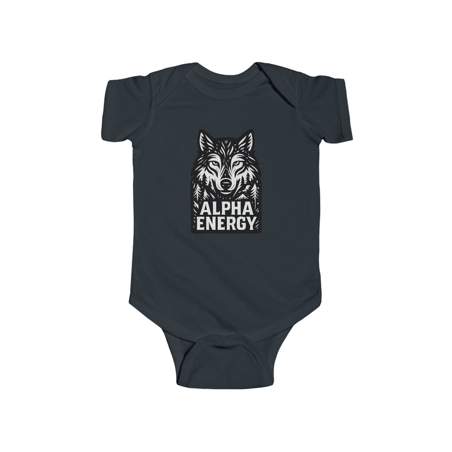 Black/Navy blue baby onesie with wolf graphic and 'Alpha Energy' text on a white background