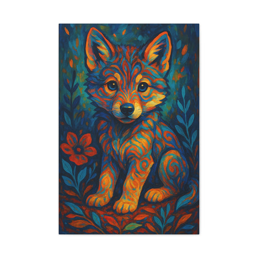 Canvas wall art featuring a vibrant, dusk-colored pup with swirling floral elements, printed on stretched pine wood with vivid, high-quality detail.