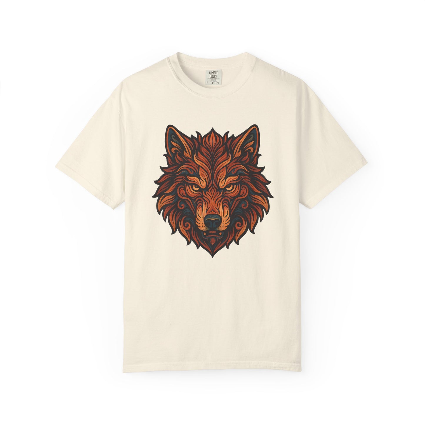 Beige t-shirt with a brown and black wolf design on a white background