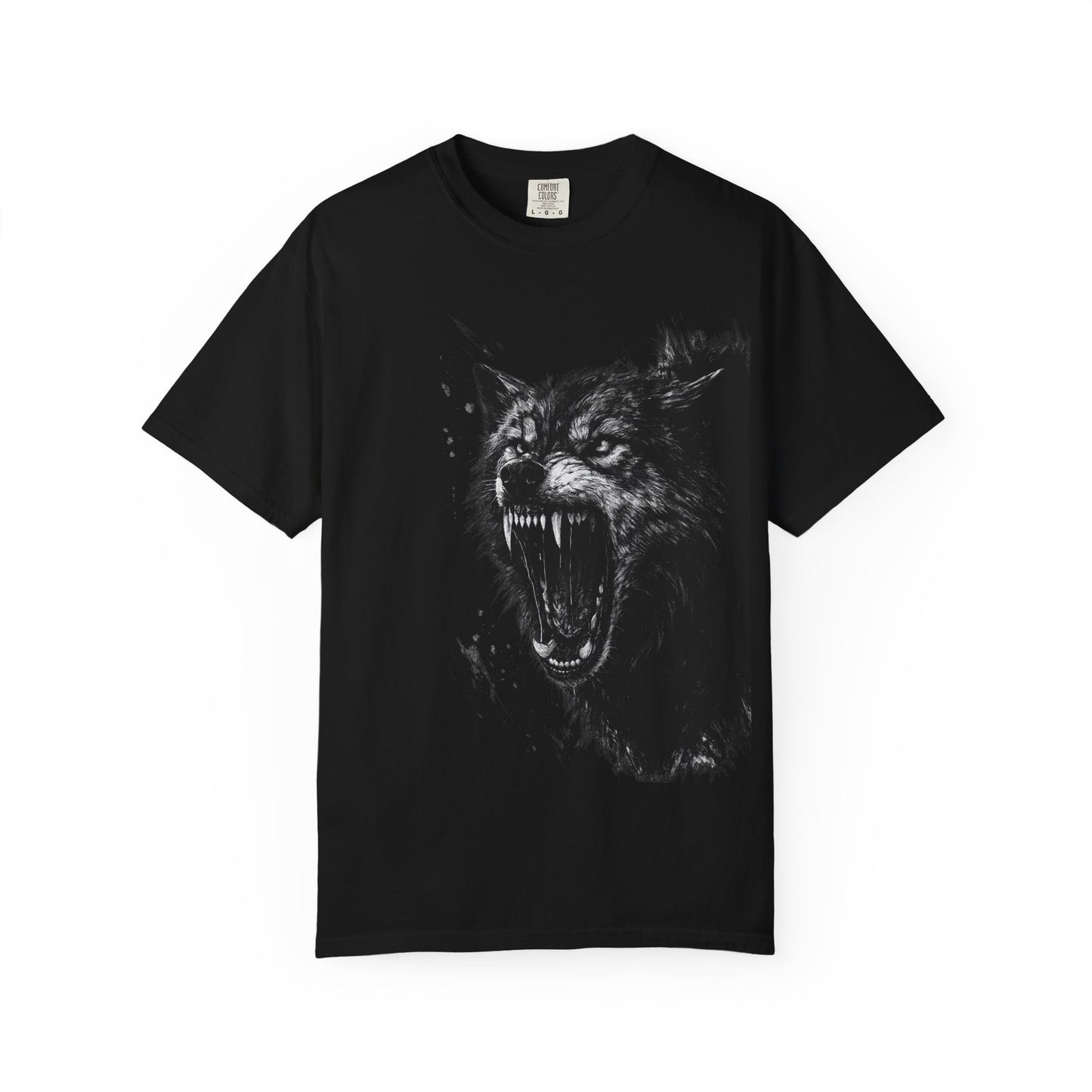 Black t-shirt with a graphic of a howling wolf showing teeth on a white background