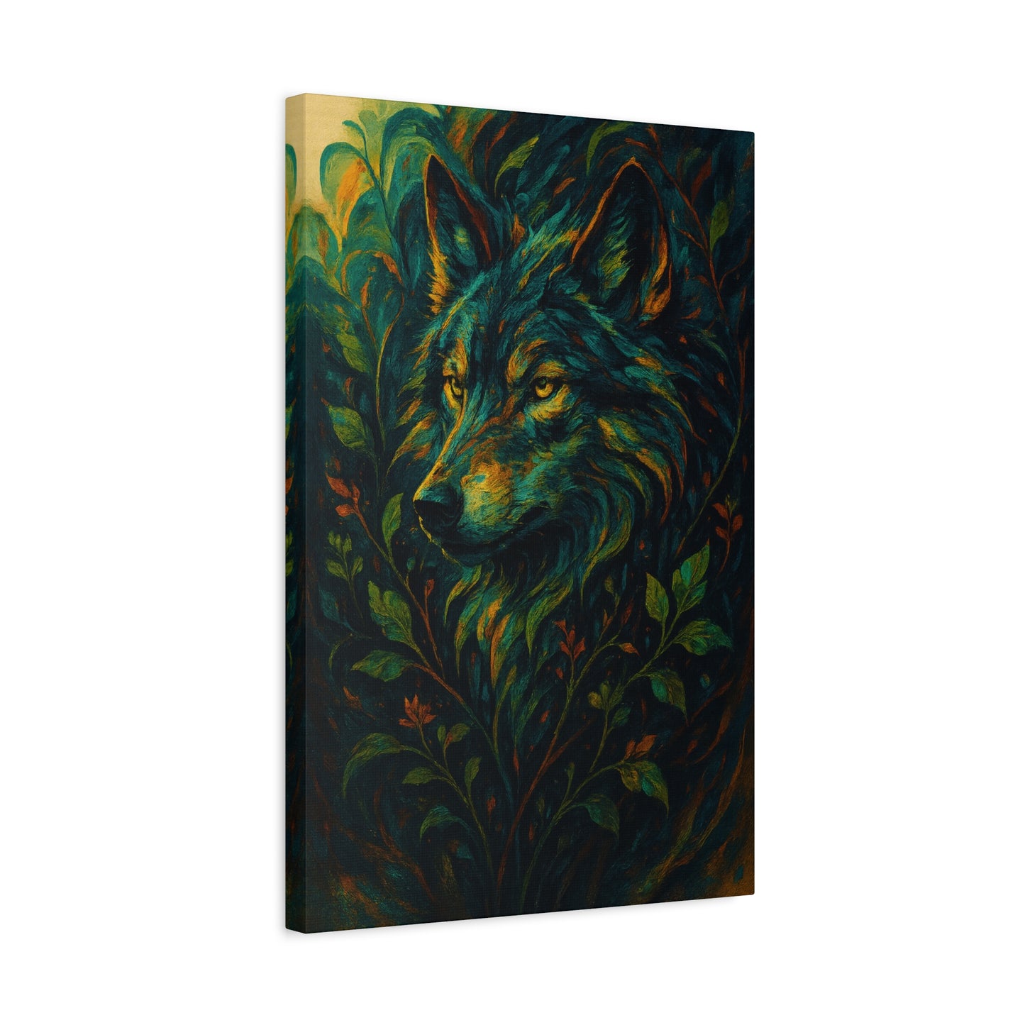 Canvas print of a wolf surrounded by foliage on a white background