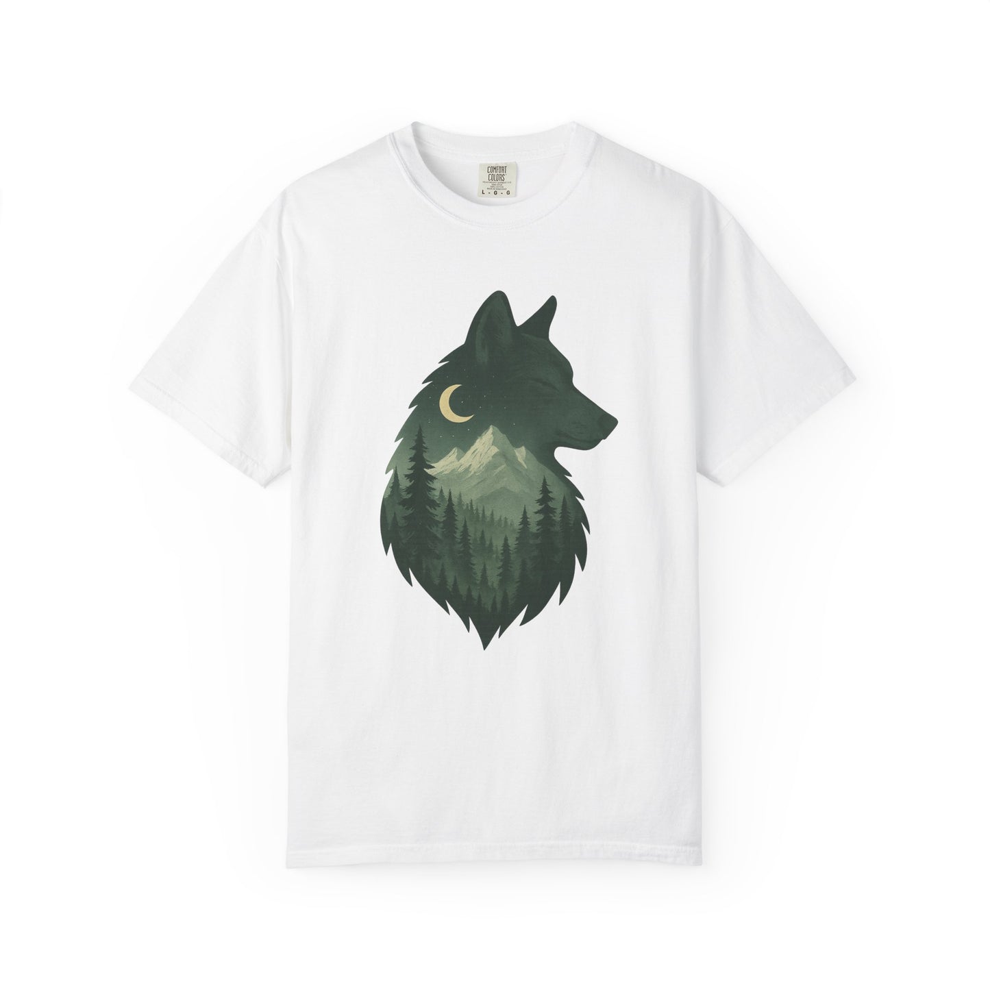 White t-shirt featuring a serene wolf design surrounded by forest imagery, symbolizing calm strength and deep-rooted nature