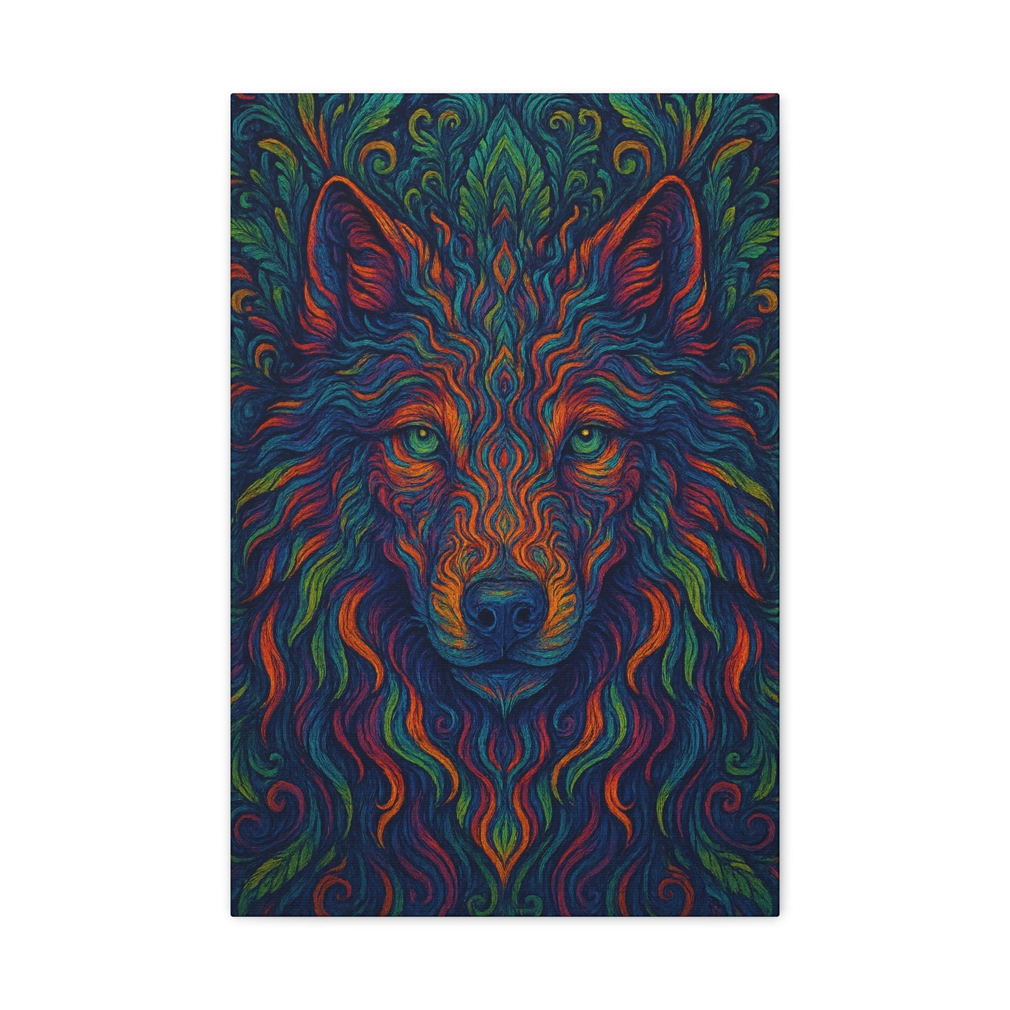 Colorful wolf artwork with intricate patterns on a dark background