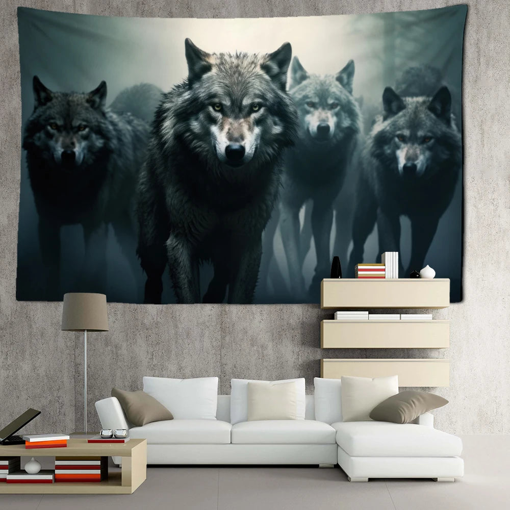 Moonwatchers Wolf Tapestry | Grey Wolves Wall Hanging for Bedroom or Living Room
