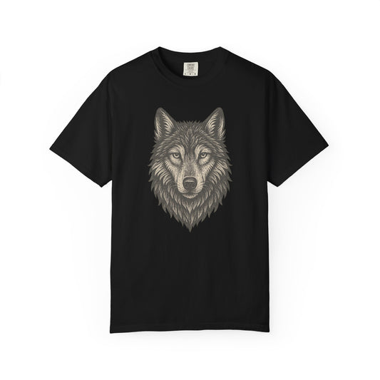 Black t-shirt with a wolf pencil sketch graphic on a white background