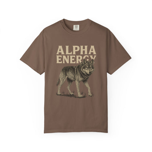 T-shirt with bold wolf design and the words Alpha Energy on front, displayed flat against a neutral background