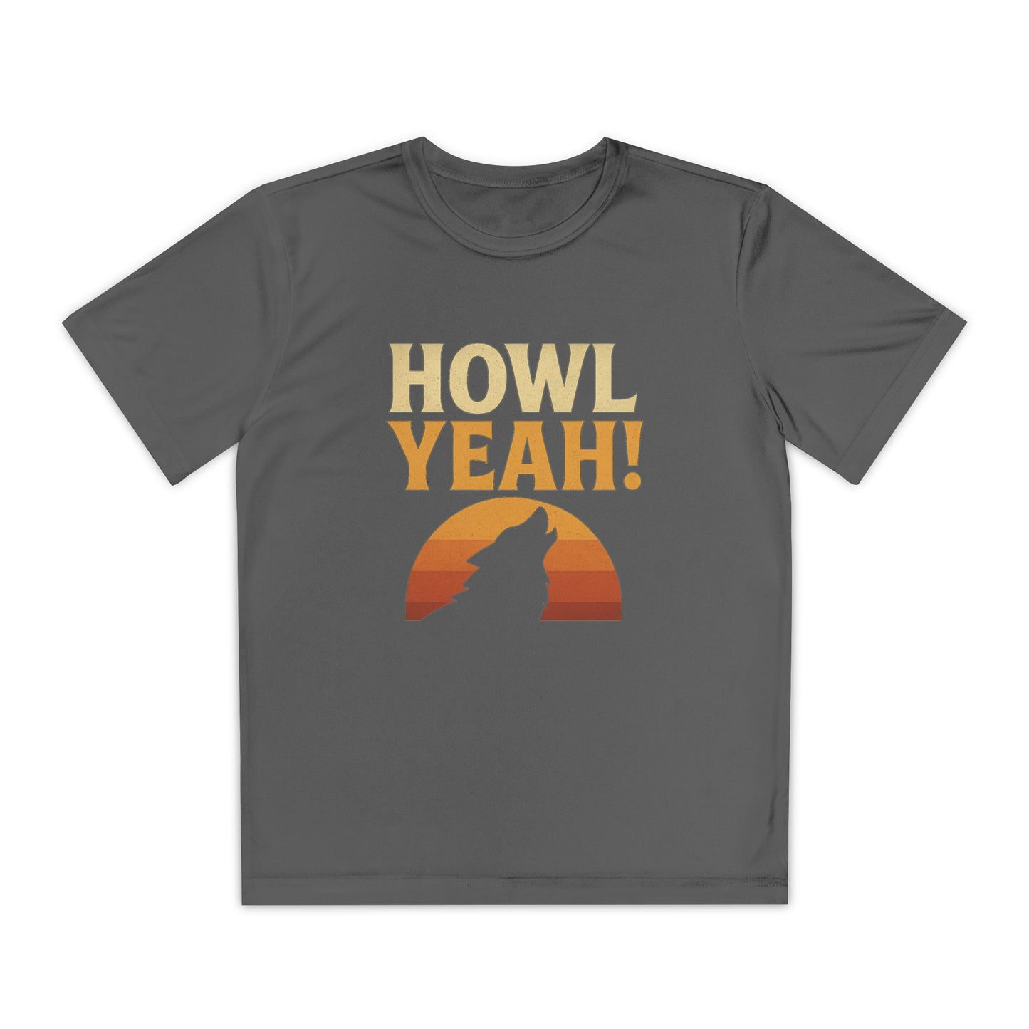 Gray Youth athletic-fit t-shirt with “Howl Yeah!” retro-style wolf design, displayed flat with moisture-wicking fabric, short sleeves, and vibrant energy.