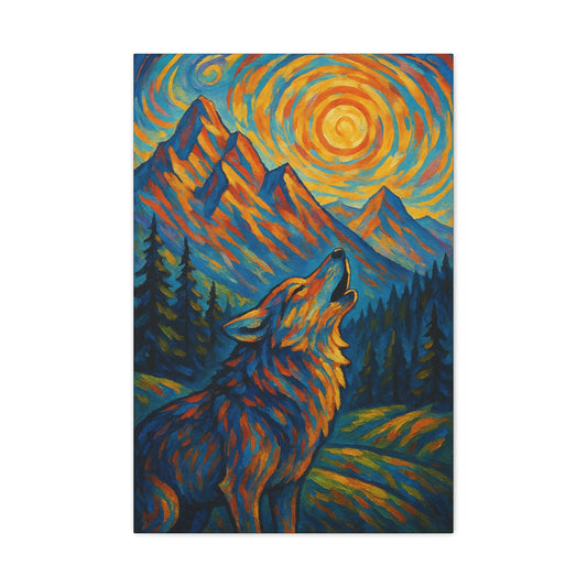 Painting of a wolf howling at a stylized mountain and starry sky.