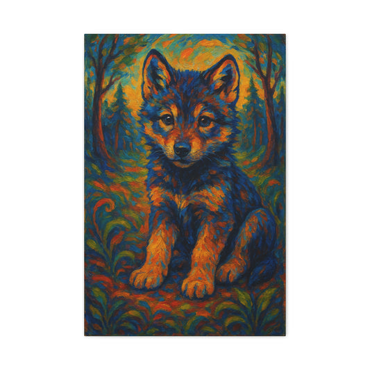 Colorful painting of a wolf cub in a forest setting