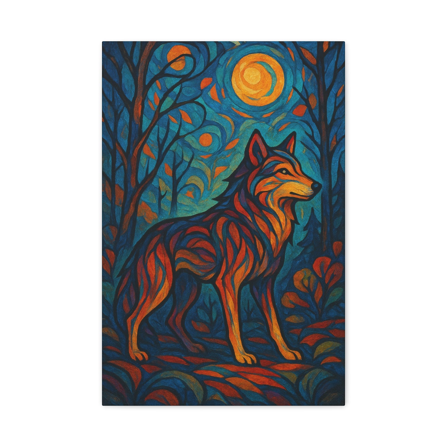 Artistic depiction of a wolf in a forest with a stylized moon and trees.