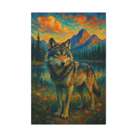 Canvas wall art featuring a luminous wolf with golden tones and mountain dusk backdrop, printed in vivid detail on stretched wood frame.