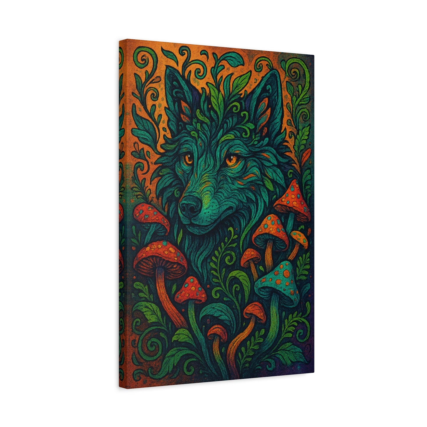 Canvas wall art featuring a mystical wolf surrounded by mushrooms and forest textures, printed in vivid detail on stretched wood frame.