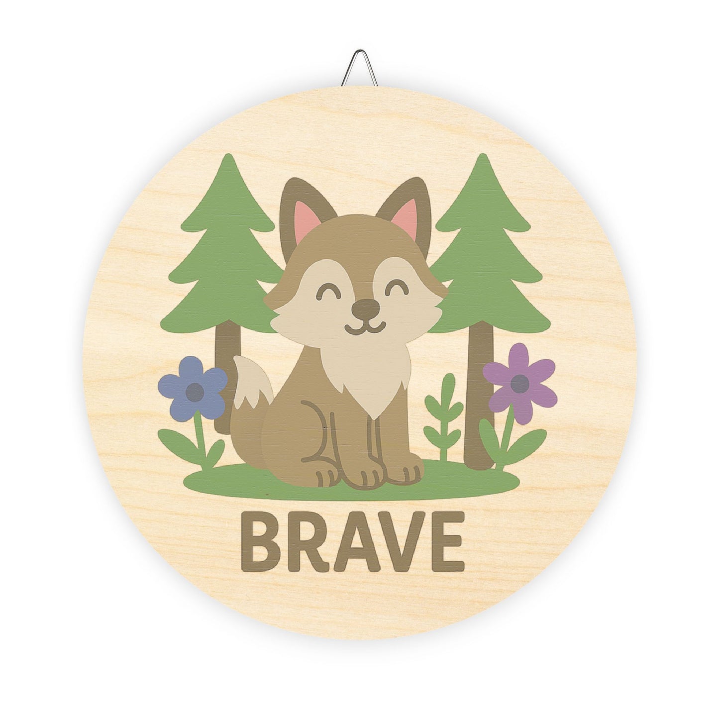 Wooden plaque with a fox illustration and the word 'Brave' on a white background