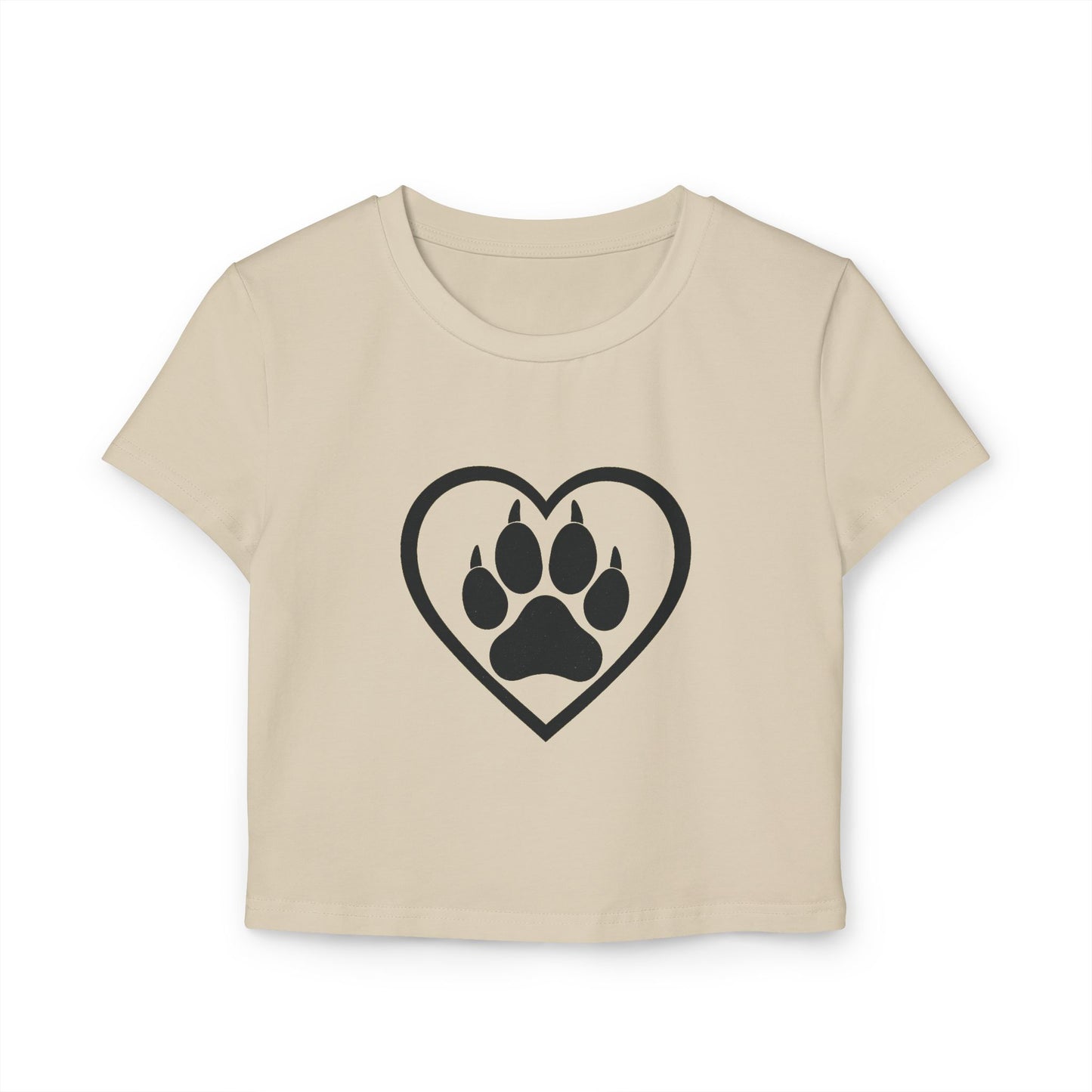 Beige t-shirt with a black heart and paw print design on a white background