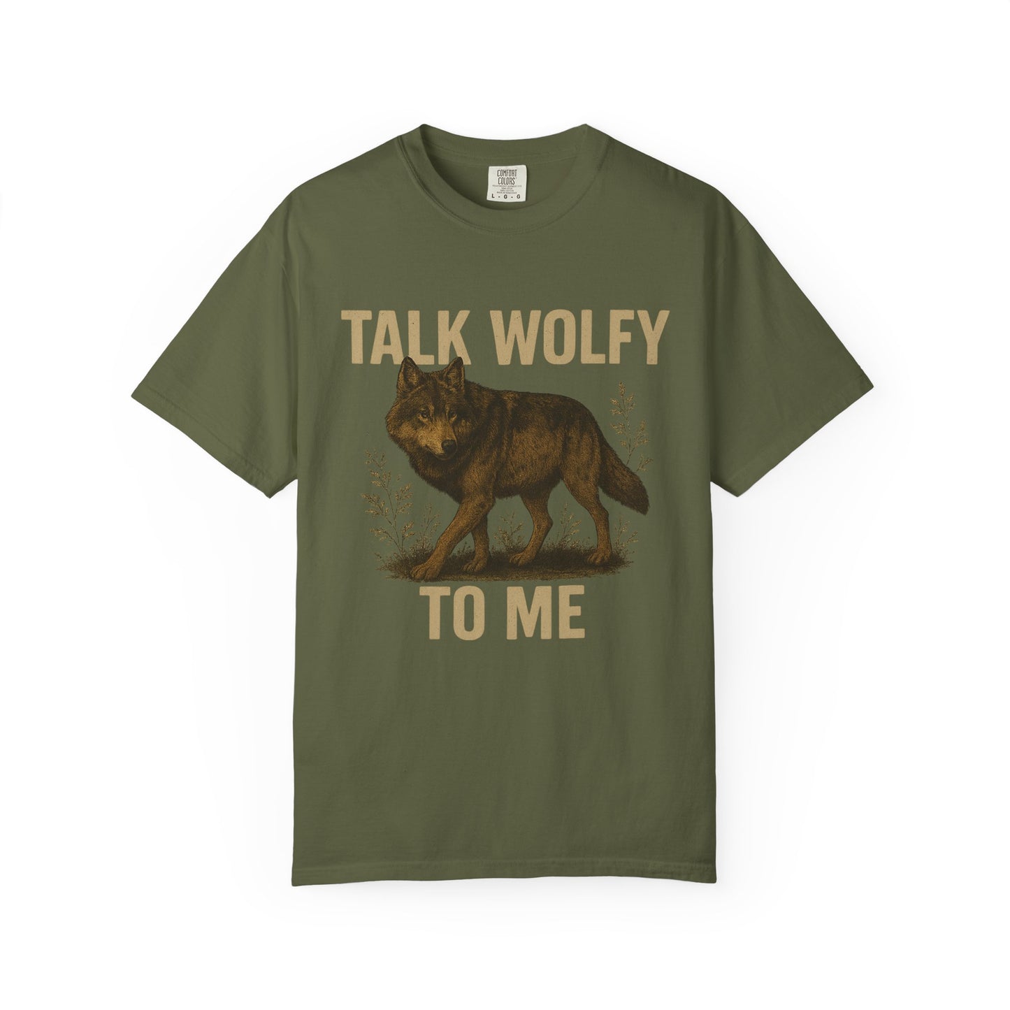 Funny wolf-themed graphic t-shirt with “Talk Wolfy to Me” text design, printed on soft cotton with relaxed fit and cheeky attitude.