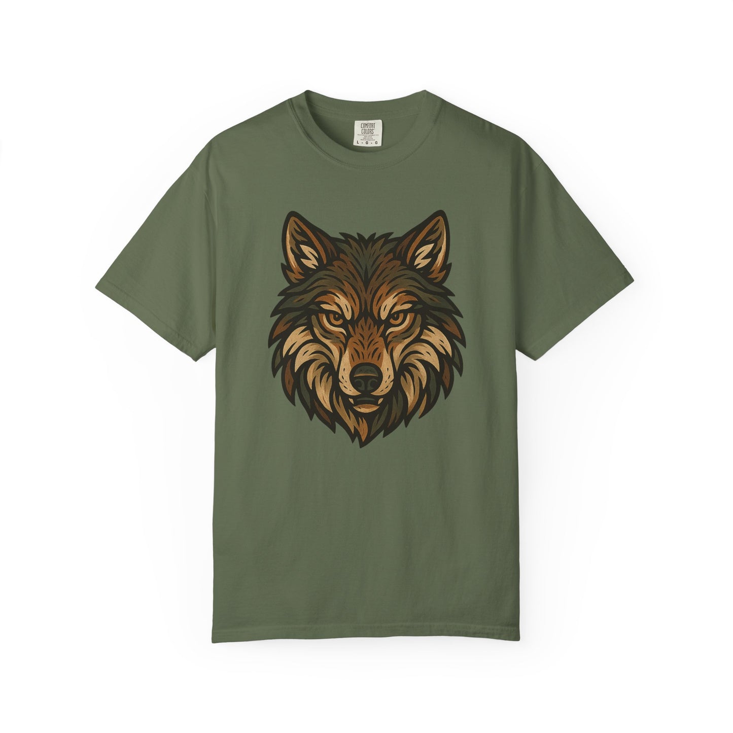 Green t-shirt with a wolf graphic on a white background