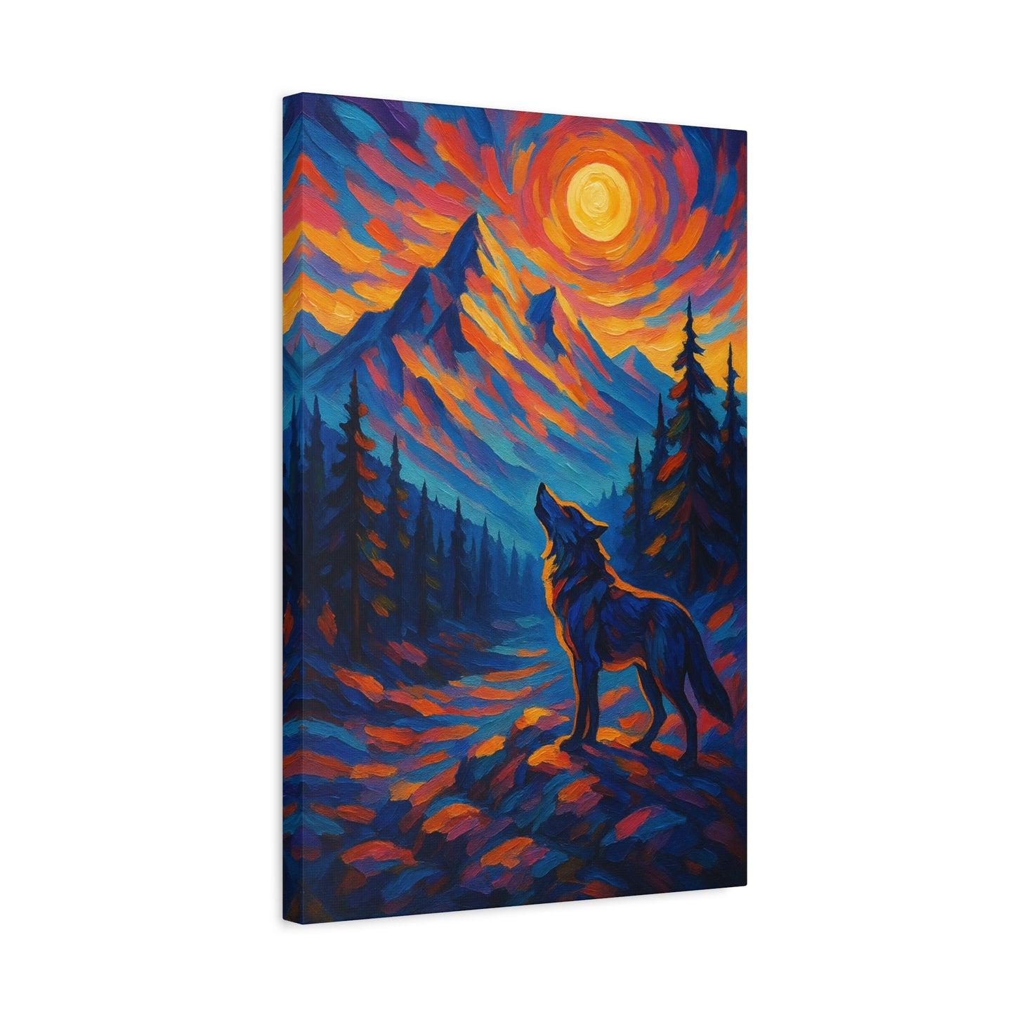 Canvas print of a wolf howling at a mountain with a vibrant sunset.