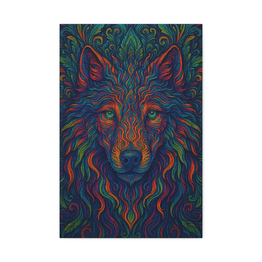 Colorful wolf head design on a dark background