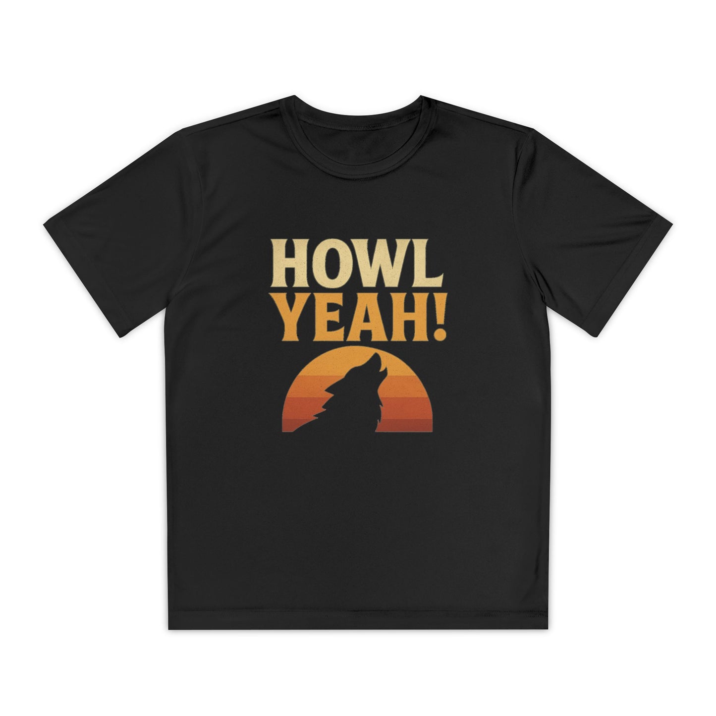 Black Youth athletic-fit t-shirt with “Howl Yeah!” retro-style wolf design, displayed flat with moisture-wicking fabric, short sleeves, and vibrant energy.